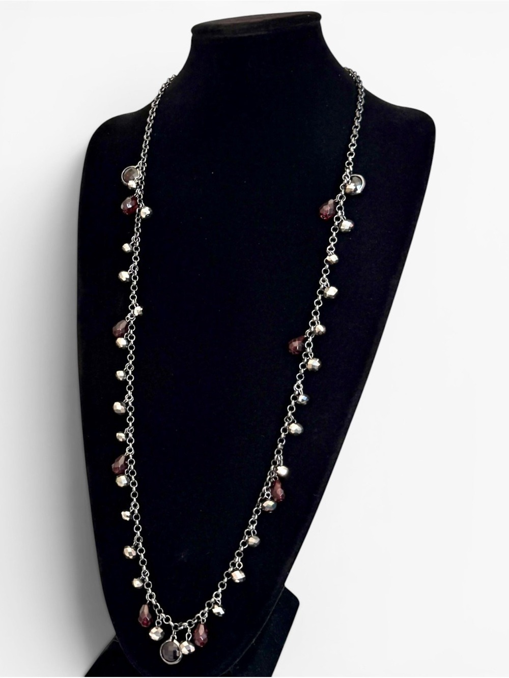 WHITE HOUSE BLACK MARKET NWT Long Iridescent Silver & Red Crystal Charm Necklace - Picture 3 of 9
